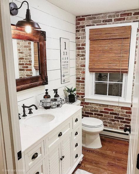 Brick And Shiplap, Future Bathroom, Farmhouse Bathroom Decor Ideas, Shiplap Bathroom, Farmhouse Glam, Brick Interior, Faux Brick Walls, Design Palette, Faux Brick