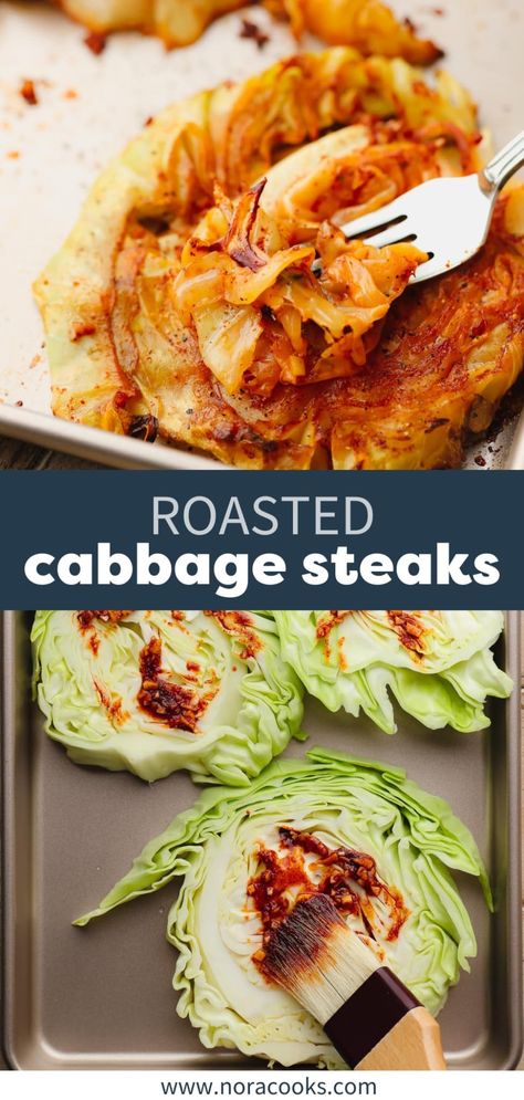 This roasted Cabbage Steaks recipe takes regular cabbage and turns it into a rich, tender, and caramelized vegetable side dish! It’s a simple 5-ingredient recipe that’s easy to make again and again. Cabbage Stakes, Roast Cabbage, Cabbage Steaks Recipe, Roasted Cabbage Steaks, Nora Cooks, Delicious Meatloaf, Cabbage Steaks, Savory Sides, Vegan Entrees