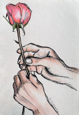 Hand Holding Flower Sketch, Hand With Rose Drawing, Hand Sketches Aesthetic, Drawings Of Hands Sketches, Hands Holding Something Drawing, Hand Holding Rose Drawing, Rose Hand Drawing, Hand Holding Flower Drawing, Drawing Of Hands Holding