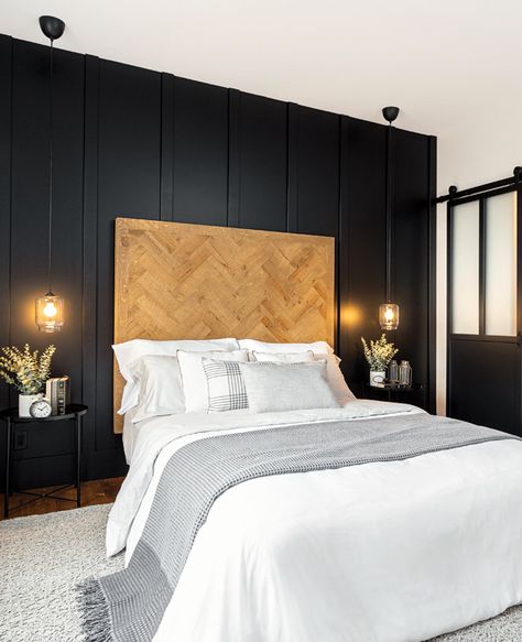 Déco et murs noirs | Shake My Blog Hotel Style Bedroom, Feature Wall Bedroom, Gorgeous Bedrooms, Hotel Style, Guest Bedroom, Bedroom Diy, Bedroom Wall, Bedroom Inspirations, Home Bedroom