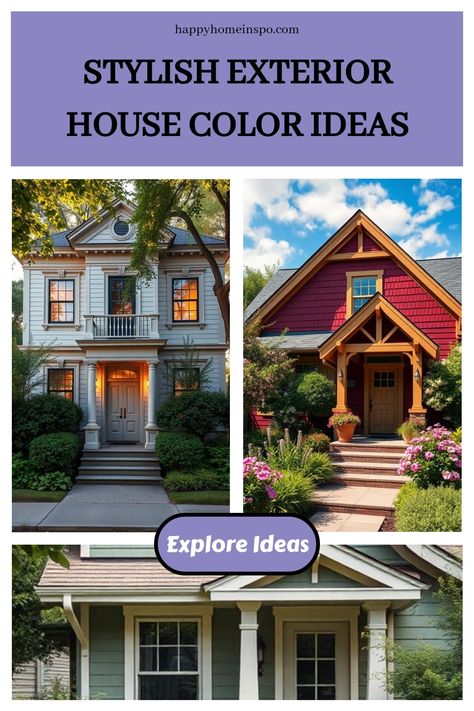 Collage of three houses showcasing stylish exterior color ideas with various architectural styles and vibrant landscaping. Color House Ideas, Exterior Color Palettes For Houses, House Color Inspiration, House Color Ideas, Exterior Color Palettes, Exterior Paint Color Schemes, Exterior Color Palette, Trending Paint Colors, Exterior House Color