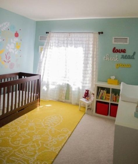 Want the "love, read, think, play, grow" in the playroom. Yellow Blue Nursery, Grey Yellow Nursery, Yellow Baby Room, Aqua Room, Aqua Nursery, Red Nursery, Mommy Ideas, Baby Nurseries, Yellow Lamp