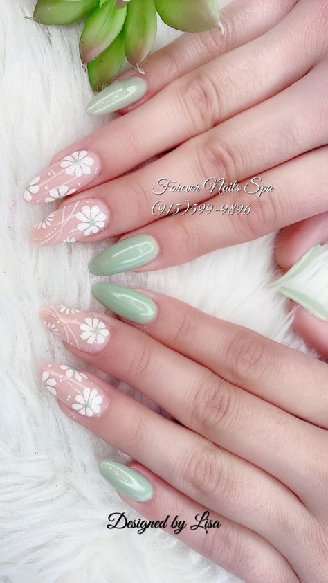 Nails Inspiration For Spring, Spring Nails Green Pastel, Green Acrylic Nails Flowers, Green Flower Nail Art, Enchanted Garden Prom Nails, Mint Green Nail Design Ideas, Green Spring Acrylic Nails, Mint Floral Nails, Light Pink And Light Green Nails