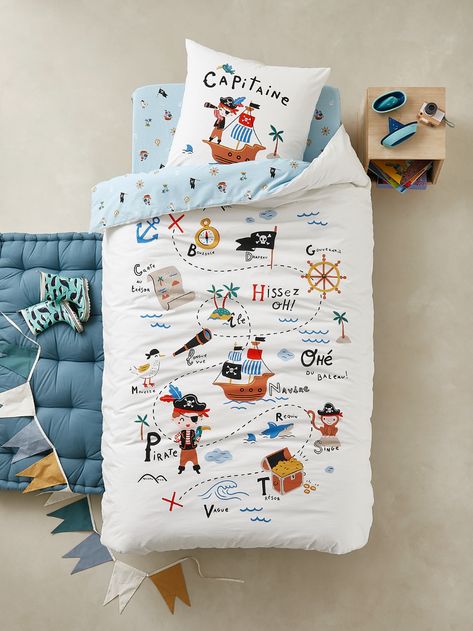 Parure Parure housse de couette + taie d'oreiller enfant P COMME PIRATE Oeko-Tex® + Drap-housse enfant P COMME PIRATE Oeko-Tex® - Kids Bed Set, Kids Linen Bedding, Ship Bed, Pirate Ship Bed, Pirate Bedding, Children's Bedding, Kid Bedroom Ideas, Kids Bed Linen, Theme White