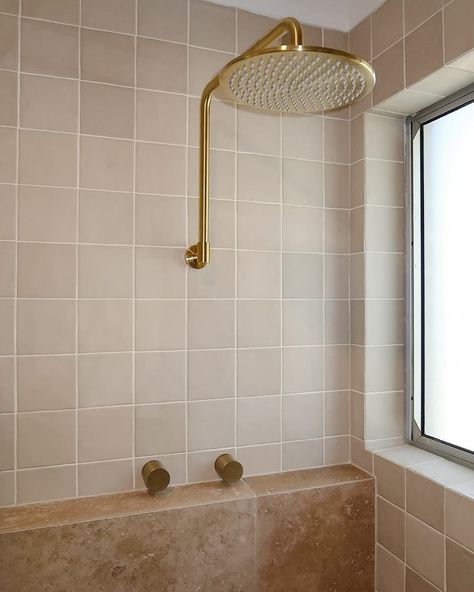 @bowsbathrooms have nailed this design using a Newport matt bone squares. It’s a beautiful earthy bathroom with touches of brass and a white vanity to keep it fresh ❤️ Square Tile Bathroom, Earthy Bathroom, Range Tile, Quiz Design, Gold Shower, White Vanity, Big Windows, Square Tile, Tile Samples