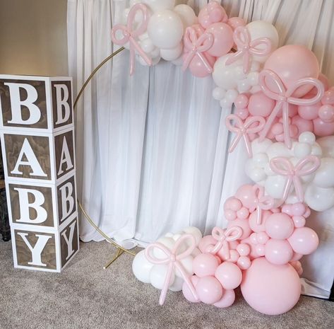 Pink Round Balloon Arch, Bow Baby Shower Backdrop, Coquette Birthday Backdrop, Bow Balloon Arch, Ballerina Baby Shower Theme, Hello Kitty Baby Shower, Grad Party Theme, Coquette Birthday, April Baby Shower