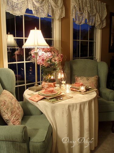 Tea By The Window, Table For Two Aesthetic, Romantic Country Decor, Romantic Table Setting For Two, Cozy Window, Bedroom Romantic, Green Chairs, A Seat At The Table, Gorgeous Bouquet