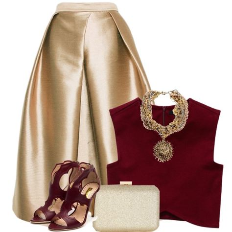 Gold Skirt Outfit, Gold Dress Outfits, Burgundy Outfits, Race Fashion, Outfit Ideas 2022, Church Outfit Ideas, Burgundy Party, Ballet Top, Color Coordination