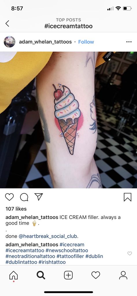 Traditional Ice Cream Tattoo, Ice Cream Tattoo Ideas, Ice Cream Tattoo, Banana Split Ice Cream, Cream Tattoo, Tattoo Filler, Irish Tattoos, New School Tattoo, Ink Ideas