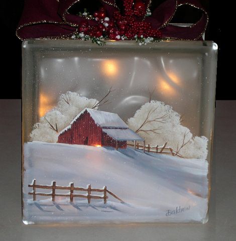 pat i just love this scene.  you paint this for me!!!  of course this is on a glass block with lights inside but it could be on canvas and u paint the lights on it!?!?Winter Barn Block Lights, Painted Glass Blocks, Christmas Glass Blocks, Decorative Glass Blocks, Scene Diy, Small Lights, Glass Block Crafts, Lighted Glass Blocks, Block Painting