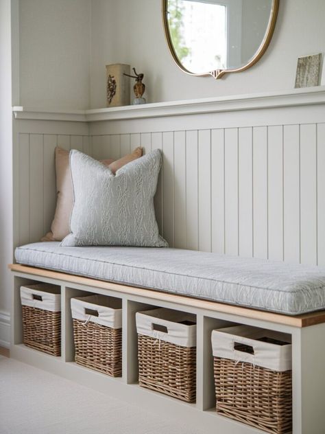 Entryway Bench Nook, Half Wall Entryway Ideas, Entry Way Storage Bench Ideas, Bench Ideas Indoor, Built In Bench Entryway, Front Hall Bench, Entryway Seating Ideas, Hallway Bench Ideas Entryway, Entry Bench With Storage