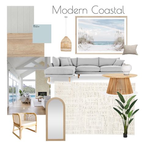 Vacation Interior Design, Beach Patio Ideas Coastal Cottage, Hampton Mood Board, Beach House Chic Interior Design, Modern Coastal Apartment Decor, Transitional Beach House Interiors, Beach Lounge Room, Coastal Modern Office Design, Coastal Ranch Interior Design