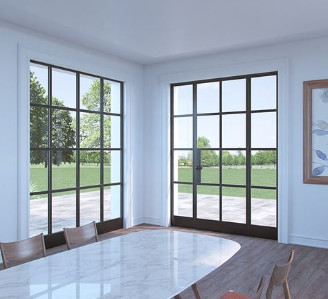 Grid-Style Steel Windows & Doors | Abby Iron Doors White Steel Windows, Glass Window Design Modern, White Steel Windows And Doors, Steel Doors And Windows Metal Frames, Steel And Glass French Doors, Arched Iron And Glass Door, Grid Windows, Windows Grill, French Door Windows