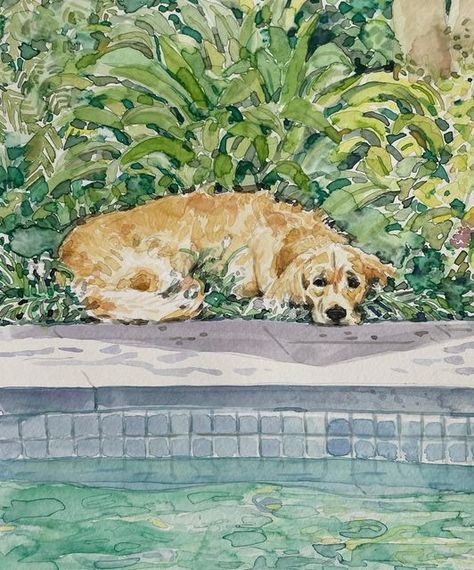 emmawillsart on Instagram: "Loved painting this beauty! 🐶 💚💙 #goldenretriever #dogpainting" Painting A Golden Retriever, Golden Retriever Water, Uni Decor, Golden Retriever Illustration, Golden Retriever Watercolor, Golden Retriever Painting, Watercolor Dogs, Dog Watercolor Painting, Golden Retriever Art