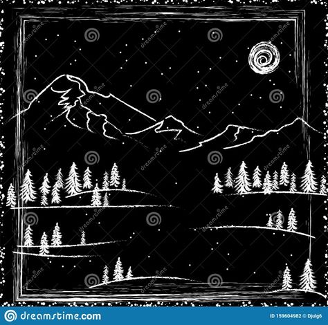 Mountain Chalkboard, Christmas Cards Design, Weather Illustration, Snowy Weather, Moonlit Night, Chalk Drawings, Cards Design, Winter Forest, Chalkboard Art