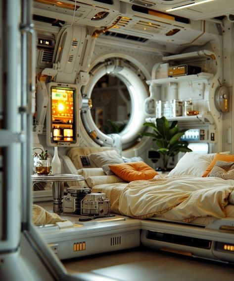 Sci Fi Office, Sci Fi Bedroom, Spaceship Room, Cyberpunk Environment, Scifi Room, Futuristic Interiors, Neo Futurism, Venus Project, Scifi Interior