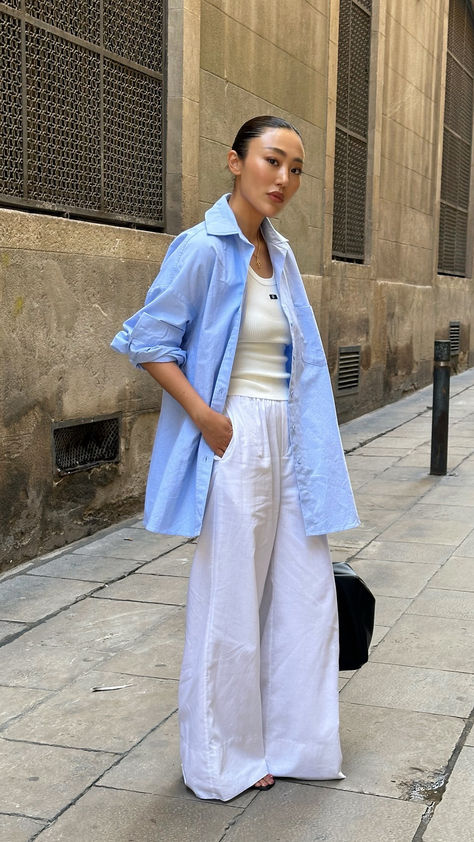 @itsalicewang styles the Rhea Oversized Shirt, Norah Linen Pant and Signature Tank. Oversized Shirt Summer Outfit, Oversized Shirt Outfit Street Style, Oversized Linen Shirt Outfit, Baddie Outfit Ideas, Bummy Outfits, Summer Dinner Outfit, Casual Dinner Outfits, Going Out Outfits Casual, Linen Shirt Outfit