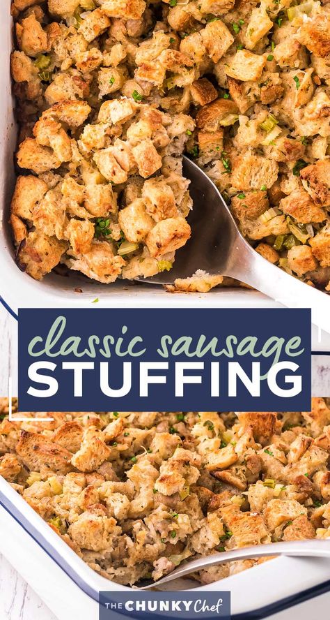 This Herb and Sausage Stuffing is a beloved classic side dish for Thanksgiving or Christmas!  Made with soft bread, tender vegetables and crumbled sausage, this moist and ultra flavorful stuffing is exactly what your holiday feast needs! #stuffing #dressing #holiday #sidedish #side #thanksgiving #christmas #feast