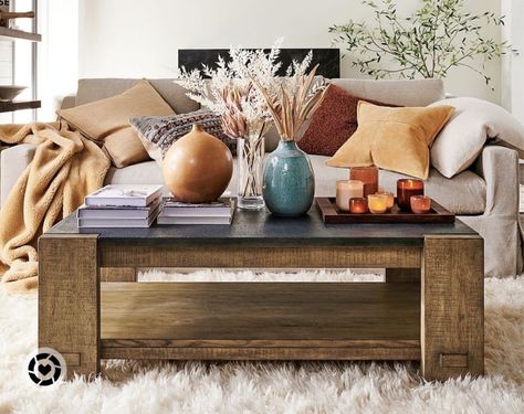 Pottery Barn Wood a Coffee Table #coffeetablestyling #coffeetabledecor #potterybarn #potterybarnfurniture #homedecorideas #homedecoronabudget #fallhomedecor Natural Wood Coffee Table Rectangle, Rectangle Coffee Table Decor Living Room, Coffee Table Pottery Barn, Oversized Coffee Table, Pottery Barn Furniture, Reclaimed Wood Coffee Table, Coffee Table Rectangle, Coffee Table Styling, Rectangular Coffee Table