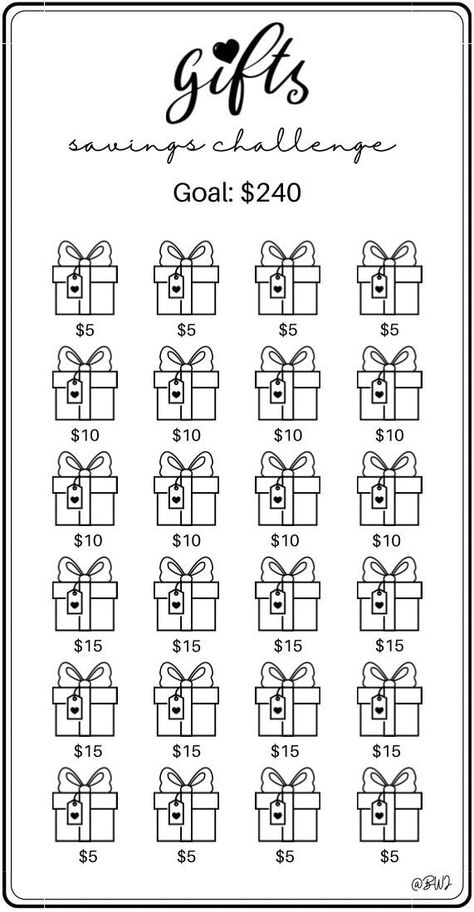 Gifts Savings Challenge. Each icon represents a dollar amount that you would save. Cash stuff, color in each icon to track your progress and when completed you will have saved $240! Printing Information: *Digital Download  *This is printed on 8.5 x 11 inch US letter size paper *Once printed, cut and place inside your A6 envelope *Color will vary depending on ink and printer Disclamer: This is a PDF Digital Download. No physical product will be mailed to you. Digital Download will be available on Gift Savings Challenge, 100 Day Savings Challenge, Clothing Savings Challenge, Savings Challenge Printable Free, Cash Envelope Printable, Kertas Binder, Envelope Printable, Mini Savings Challenge, Saving Money Chart