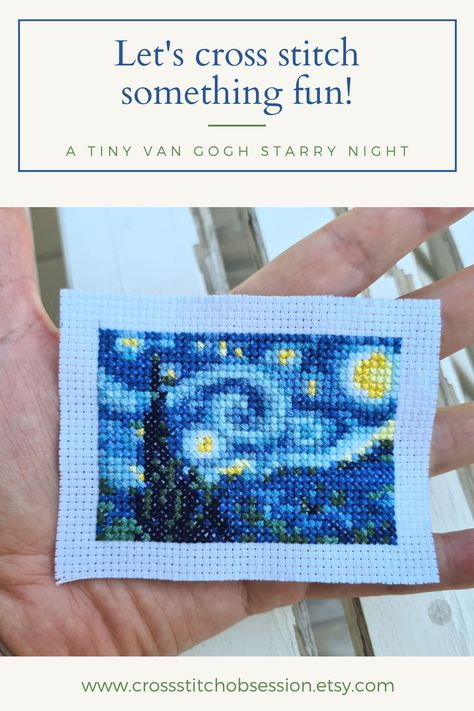 This tiny cross stitch pattern is so much fun! Its very small so it will take no time to finish it. Our take on famous painting Starry Night by Vincent Van Gogh. This pattern can be displayed in small frames or given as a gift. This pattern is very easy to stitch, perfect for beginners. Painting Starry Night, Cross Stitch Projects Ideas, Small Frames, Art Cross Stitch, Stitch Doll, Tiny Cross Stitch, Art Miniature, Beautiful Cross Stitch Pattern, Tiny Cross