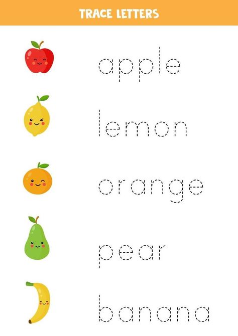 Tracing Names, Fruit Worksheet, Handwriting Practice Preschool, Fruits Printable, Handwriting Worksheet, Preschool Activities Printable, Kindergarten Reading Activities, Preschool Tracing, Pre Writing Activities