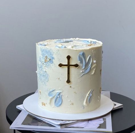 Simple Confirmation Cakes, Boy Confirmation Cake, Baptismal Cake Boy One Layer, Baptism Boy Cake, Confirmation Cakes For Boys, Baptismal Cake Boy Simple, Simple Christening Cake, Boys First Communion Cakes, Boy Baptism Cake