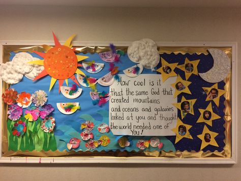 This bulletin board was a bulletin board that evolved through the week. As we learned about all the things god created the kiddos created art to represent that. By the end of the week our bulletin board was gorgeous God Made Me Bulletin Board, Creation Theme Preschool, Days Of Creation Bulletin Board Ideas, In The Beginning God Created Crafts, Creation Bulletin Board Ideas, God Created The World In 7 Days, Creation Bulletin Board, Giraffe Classroom, Eyfs Displays