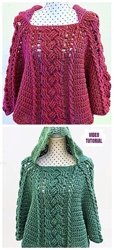 Crochet Cable Hooded Poncho Free Crochet Pattern - Video Crochet Cloak Pattern Free For Women, Diy Crochet Poncho Free Pattern, Crochet Hooded Cape Free Pattern, Free Crochet Shrug Patterns, Crochet Pattern Shawl Wrap, Crochet Poncho Free Pattern, Poncho Crochet, Irish Crochet Dress, Crochet Cable