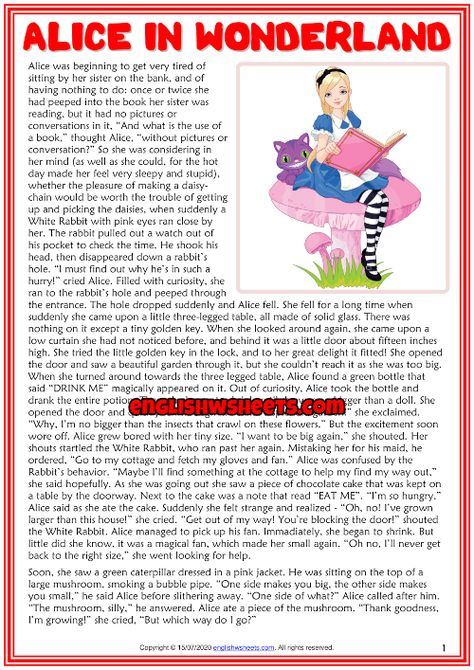 Alice in Wonderland ESL Reading Text Worksheet For Kids Alice In Wonderland Story Book, Reading Worksheets For 2nd Grade, Back To School Art Activity, Esl Reading Comprehension, Fairy Tale Story, 2nd Grade Reading Comprehension, Alice In Wonderland Print, Esl Reading, Short Moral Stories