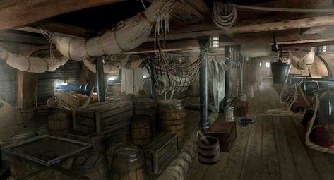 Inside hull Pirate Ship Bedroom, Interior Concept Art, Lower Decks, Assassins Creed Black Flag, Pirate Room, Pirate Art, Ghost Ship, Lower Deck, Pirate Life