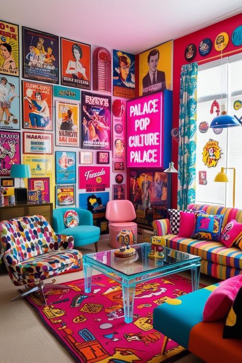 Pop Culture Decor, Colorful Eclectic Maximalism, Bright Color Interior Design, Funky Room Aesthetic, Trap Room, Maximalism Aesthetic, Funky Interior Design, Pop Art Bedroom, Quirky House