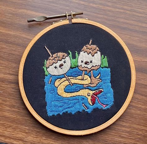 Medium sized embroidery hoop, black fabric with cartoon embroidery, cartoon snake, characters, water, grass Cross Stitch Patterns Adventure Time, Adventure Time Embroidery Pattern, Stitching Patterns Sewing, Adventure Time Embroidery, Adventure Time Diy, Adventure Time Crafts, Backpack Embroidery, Embroider Ideas, Patch Ideas