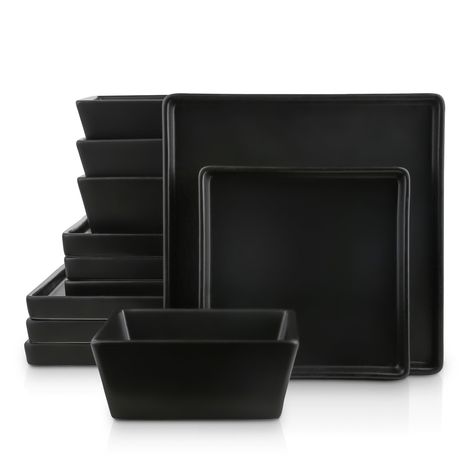 PRICES MAY VARY. MINIMALIST DESIGN- The Grace dinnerware is a casual-meets-formal collection featuring a low profile square design on each stoneware plate and bowl. The sharp edges and contemporary rimmed lip are sleek, elegant, and edgy. This set is perfect for anyone looking for unique dishware. SERVICE FOR 4 - Our Grace stoneware dish set includes 4 large square 9.5" dinner plates, 4 smaller 7" appetizer or salad plates, and 4 soup bowls, making it perfect for dining with family and friends. Black Dishes, Square Dinnerware Set, Stoneware Dinnerware Sets, Stoneware Dishes, Stoneware Dinnerware, Square Plates, Soup Bowls, Black Bedding, Modern Square