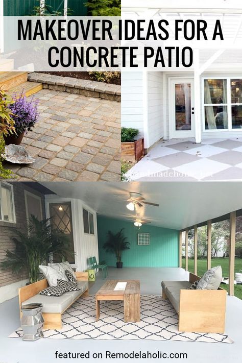 Makeover a boring concrete patio. We have lots of great ideas from painting to decking and more. After you can dress it up with our ideas for patio furniture and inspiration photos featured on Remodelaholic.com #patioideas #concretepatioupdate #patios #patiodecor Cement Painting, Concrete Patio Ideas, Paint Concrete Patio, Paint Concrete, Outdoor Improvements, Concrete Patio Makeover, Concrete Paint, Cement Patio, Diy Backyard Patio