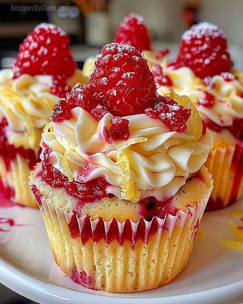 Raspberry Lemon Heaven Cupcakes - A Delightful Dessert! - Recipes By Clare Lemon Desserts In A Cup, Raspberry Cream Cheese Cupcakes, Cupcake Recipes Fruit, Cupcake Recipes Raspberry, Strawberry Lemonade Desserts, Raspberry Pistachio Cupcakes, Raspberry Lemon Heaven Cupcakes, Yellow Birthday Cupcakes, Lemon Cupcakes With Raspberry Filling