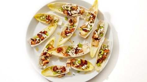 Endive Cups with Blue Cheese, Celery, and Croutons Recipe | Bon Appetit Endive Cups, Marinated Cheese, Cheesy Crackers, Crouton Recipes, Pumpkin Sheet Cake, Lemon Salad, Crispy Cheese, Fried Shallots, Fry Bread