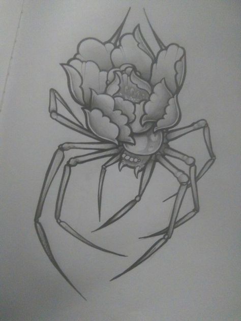 Spider Flower Tattoo Design, Flower And Spider Web Tattoo, Flower Spider Tattoo, Feminine Spider Tattoo, Spider Flower Tattoo, Spider And Flower Tattoo, Spider Sketch, Magical Tattoos, Nightshade Flower