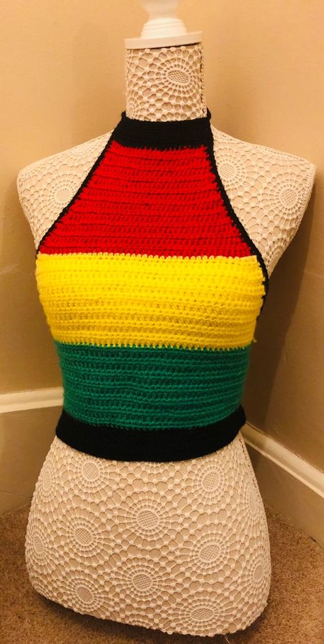 Handmade Crochet Halter Neck Boho Rasta Top Red Yellow Green - Etsy UK Red Crochet Top, Custom Made Hats, Crochet Festival, Rasta Colors, Womens Halter Tops, Crochet Halter, Bralette Crop Top, Yarn Sizes, Crochet Shoes