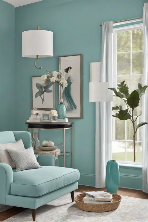 Discover the soothing allure of Tame Teal (SW 6757) in your daily interior designer routine. Embrace the calm and serenity of this top paint color for 2024! #Ad #homedecor #homedesign #wallpaints2024 #Painthome #interiorarchitecture Wall Colors Green Living Room Colors Bright Living Room Colors Apartment Renovation Living room Remodeling Modern Paint Colors 2024 Tourquise Living Room, Teal Accents Living Room, Sherwin Williams Tame Teal, Teal Walls Living Room, Bright Living Room Colors, Colorful Living Room Bright, Renovation Living Room, Paint Colors 2024, Teal Accent Walls