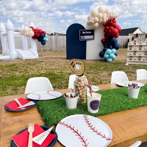 Balloons are the perfect way to really elevate your party and give the perfect boost of color! So many adorable details in this Take Me Out to the Ball Game party by Bailee @creativelight_elevatedevents #baseballparty #baseballballoons #balloons #balloonartistry #partyideas #kidspartyideas #tuftex #sportsbirthday #kidsbirthday #birthday #birthdayideas #balloongarland Baseball Party Table Decor, Baseball Birthday Party Games, Ball Theme Birthday, Baseball Theme Birthday Party, Baseball Party Decorations, Ball Birthday Party, Baseball Theme Birthday, Wiffle Ball, Baseball Theme Party