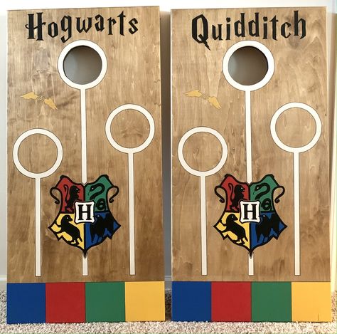 Harry Potter Cornhole Boards, Backyard Quidditch, Quidditch Game Diy, Diy Quidditch Goals, Cornhole Quidditch, Harry Potter Quidditch Game, Hogwarts Quidditch, Backyard Games, Harry Potter Party