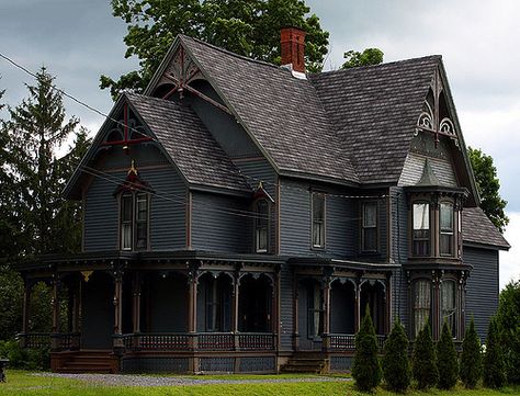 thisoldhouse4 Black Victorian House Exterior, Victorian House Exterior, Gothic Homes, Goth Houses, Black Houses, Dark House, Goth Home, This Old House, Fantasy Homes