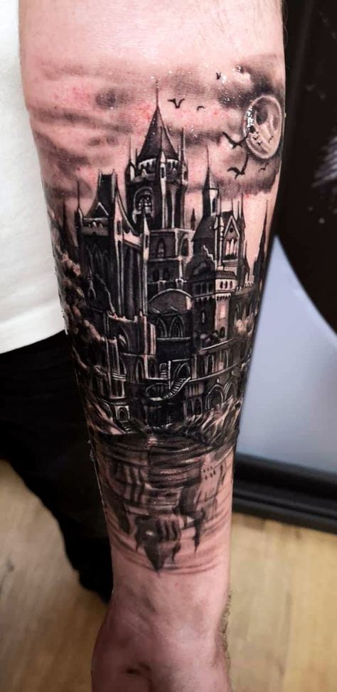 Castle tattoo Castle Tattoos Medieval, Castle Forearm Tattoo, Medieval Castle Tattoo Design, Castle And Dragon Tattoo, Castle Neck Tattoo, Hyrule Castle Tattoo, Draculas Castle Tattoo, Dracula Castle Tattoo, Dark Castle Tattoo