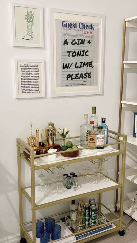 Bar Area Styling, Bright Bar Cart, Small Bar In Kitchen Ideas, In Home Bar Decor, Cheap Bar Cart Ideas, Airbnb Bar Ideas, Coffee Cart Decor Ideas, Bar Cart Styling College, Coffee Bar Apartment Small Spaces