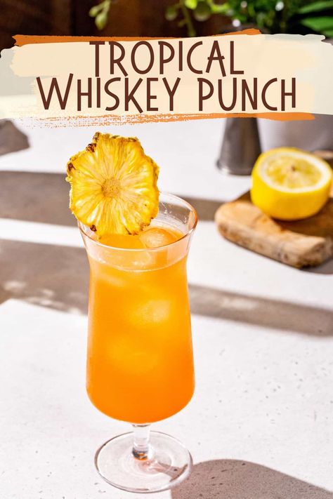 The Tropical Whiskey Punch is such a delicious summer cocktail! A mix of rye whiskey with pineapple, passion fruit and Aperol, it’s perfect on a hot summer day. It’s super easy to mix up and so tasty! This drink is great for anything from casual sipping on the patio to a tropical summer cocktail party! Whiskey Punch, Best Whiskey Cocktails, Mixing Cocktails, Whiskey Cocktails Easy, Rye Cocktails, Punch Drink, Best Whiskey, Yummy Summer Cocktails, Apple Whiskey