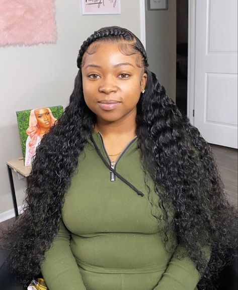 Half Braid Half Quick Weave, Two Braids With Curly Hair, Hairstyle Ideas Weave, Cornrows In Front Weave In Back, Black 90s Hairstyles, 90s Hairstyles Braids, Two Braids With Weave In The Back, 2 Braids With Weave In The Back, Braids With Curls In The Back