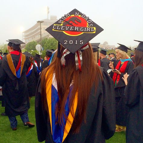 Jurassic Park Graduation Cap. Success #graduation #gradcap #grad2015 #jurassicpark #clevergirl #libertyuniveristy #proudlualum Jurassic Park Graduation Cap, Dino Graduation, Jurassic Jobs, Dinosaur Graduation, Jurassic Park Teacher Shirt, Jurassic Park Poster, Grad Cap Decorated, High School Graduation Cap, Camp Cretaceous