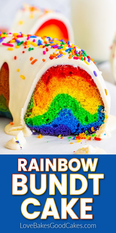 Rainbow Bundt Cake Pride Month Desserts, Rainbow Cake Recipe From Scratch, Pride Baking, Decorated Bundt Cakes, Pride Recipes, Pride Desserts, Diy Rainbow Cake, Rainbow Bundt Cake, Pride Cookies