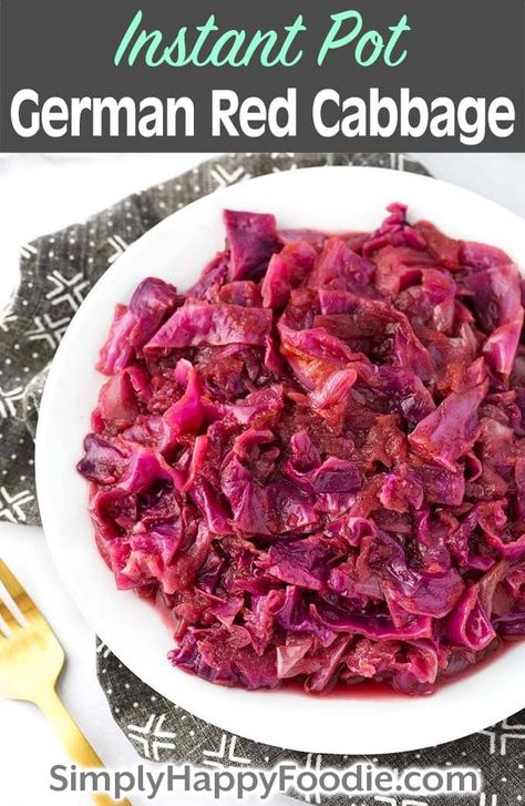 Instant Pot German Red Cabbage is a delicious vegetable side dish with a sweet and sour flavor. A popular Instant Pot cabbage recipe, Pressure cooker German red cabbage is perfectly braised in your Instant Pot. simplyhappyfoodie.com German Red Cabbage, Instant Pot Cabbage, Instant Pot Veggies, Simply Happy Foodie, Sweet And Sour Cabbage, Red Cabbage Recipes, Braised Red Cabbage, Braised Cabbage, Vegetable Side Dish